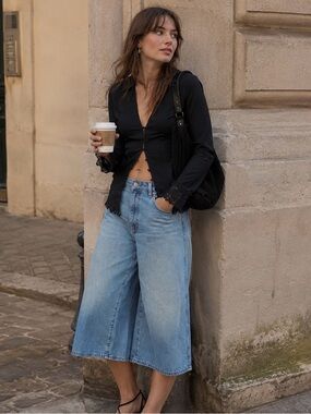 NWOT Free People x Wrangler Wide Leg Denim Culottes Shimmerstone Blue Jorts 24